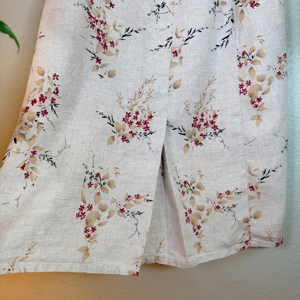 Orvis Linen Natural Tan Asian Cherry Blossom Floral A Line Pleated Midi Skirt M - Picture 2 of 7